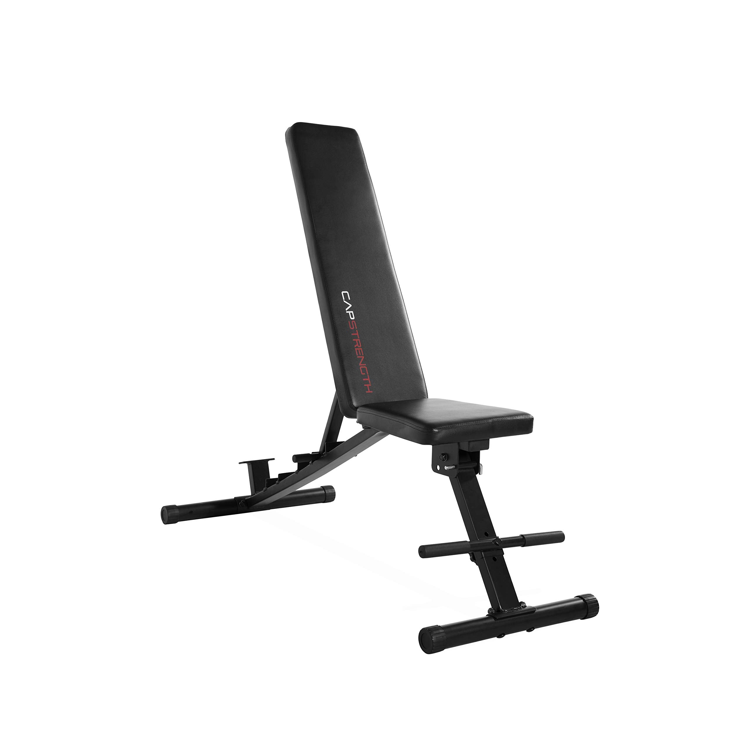 CAP Multi-Use Adjustable Utility Bench in black, showing adjustable backrest positions and foldable frame for storage.