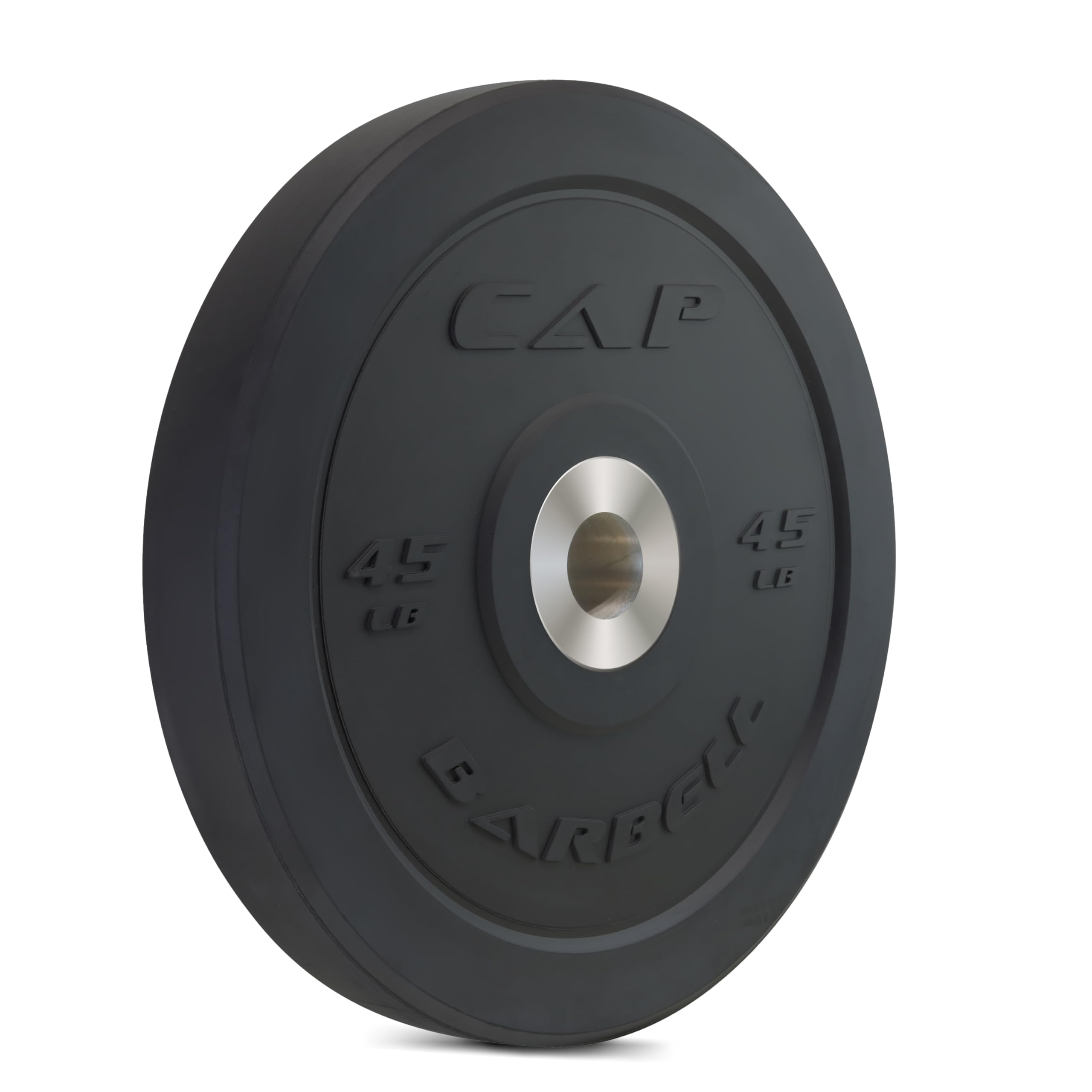 AP Barbell 45 lb Olympic Rubber Bumper Plate, black, side view